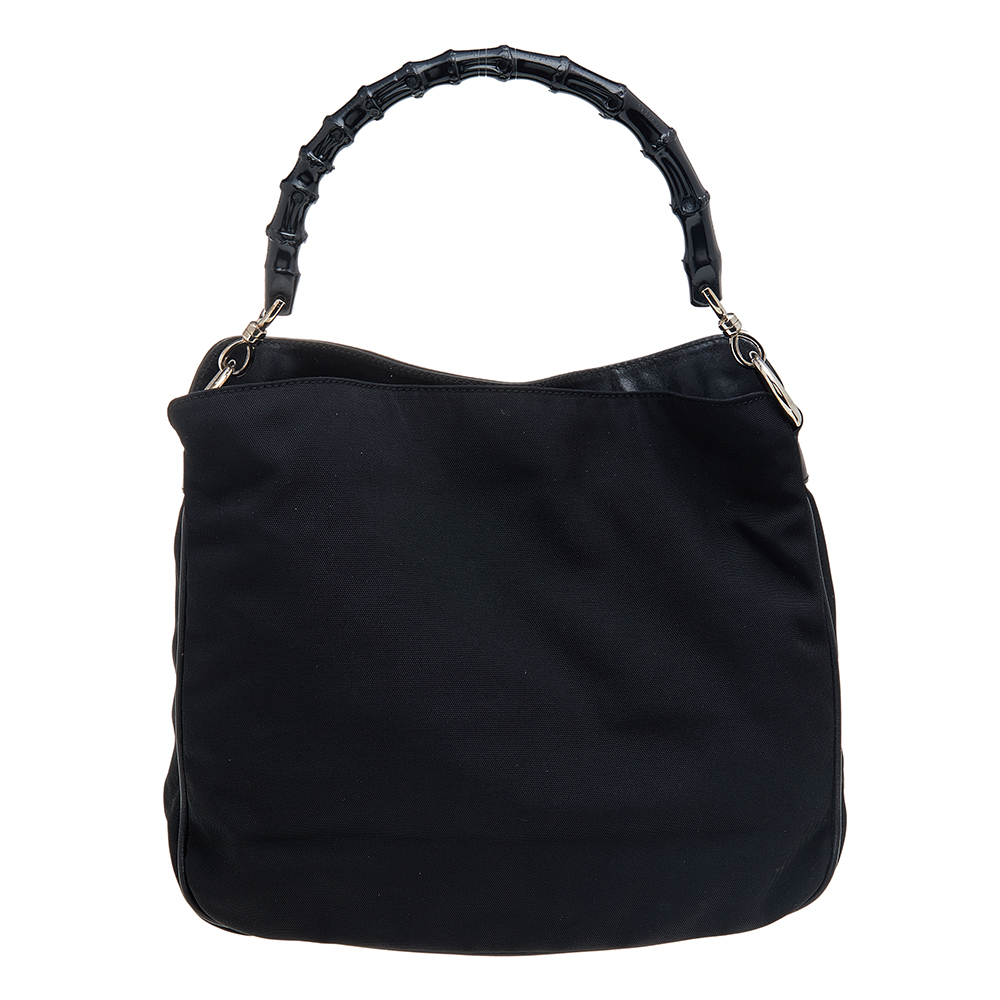 Gucci Black Nylon And Leather Bamboo Handle Hobo